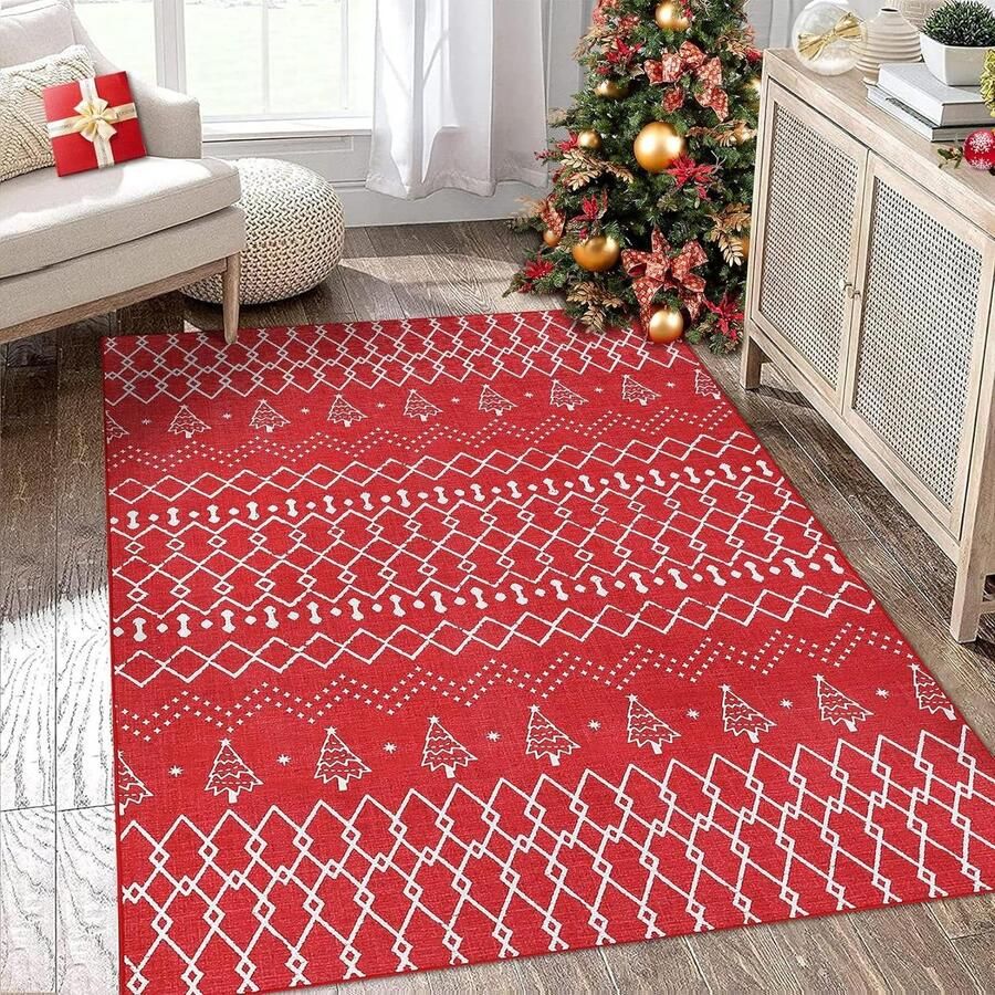 Groot kersttapijt rode entree sneeuwvlok modern vloerkleed opvouwbaar dun Marokkaans tapijt diamanten vloermat geometrisch accenttapijt voor binnen en buiten woonkamer slaapkamer kerstdecoratie warme sfeer vloerkleed