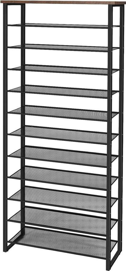 Groot schoenenrek 12 niveaus geschikt voor 35-45 paar schoenen vintage bruin-zwart metalen frame