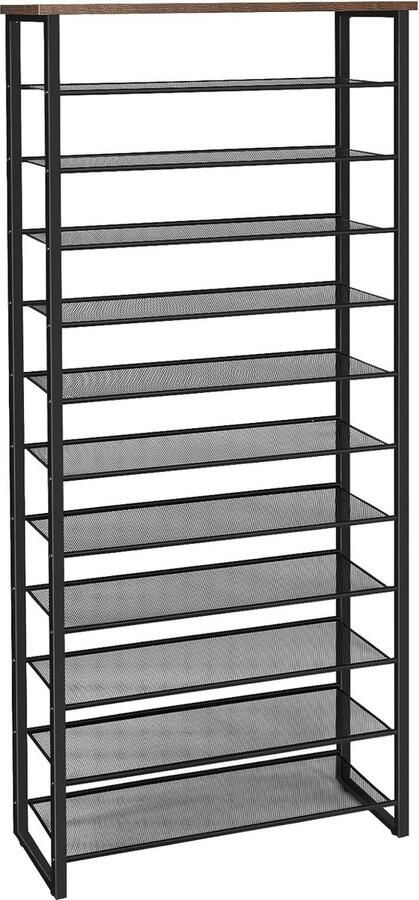 Groot schoenenrek 12 niveaus schoenrek schoenenkast hoog voor 35-45 paar schoenen metalen frame industriële stijl voor hal woonkamer slaapkamer vintage bruin-zwart EBF127XJ01