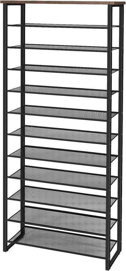 Groot schoenenrek met 12 niveaus voor 35-45 paar schoenen Metalen frame industriële stijl Vintage bruin-zwart