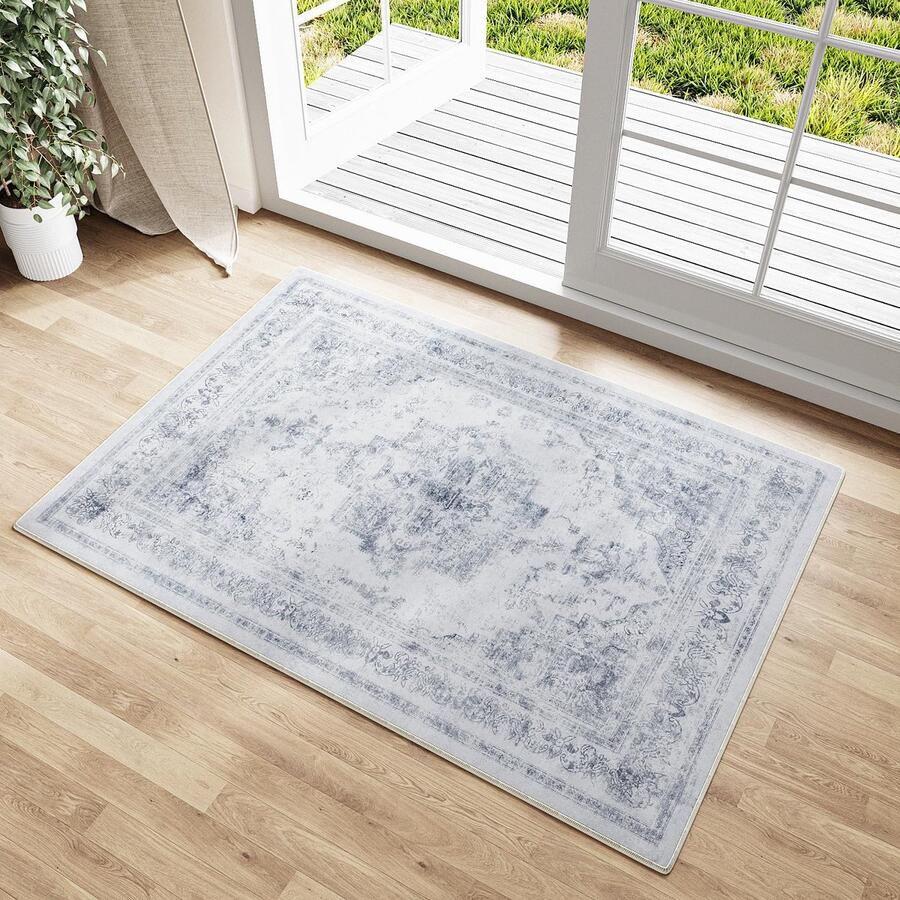 GROOT Vintage Blauw Wasbaar Tapijt in de Entree 60x90cm Deurmat Badkamer Tapijt Zacht Antislip Retro Klein Tapijt Kortpolig Badkamer Slaapkamer Tapijt Slaapkamer