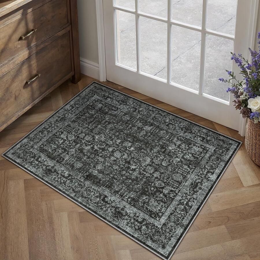 GROOT Vintage Diep Zwart Wasbaar Tapijt in de Entree 60x90cm Deurmat Badkamer Tapijt Zacht Antislip Retro Klein Tapijt Kortpolig Badkamer Slaapkamer Tapijt Slaapkamer