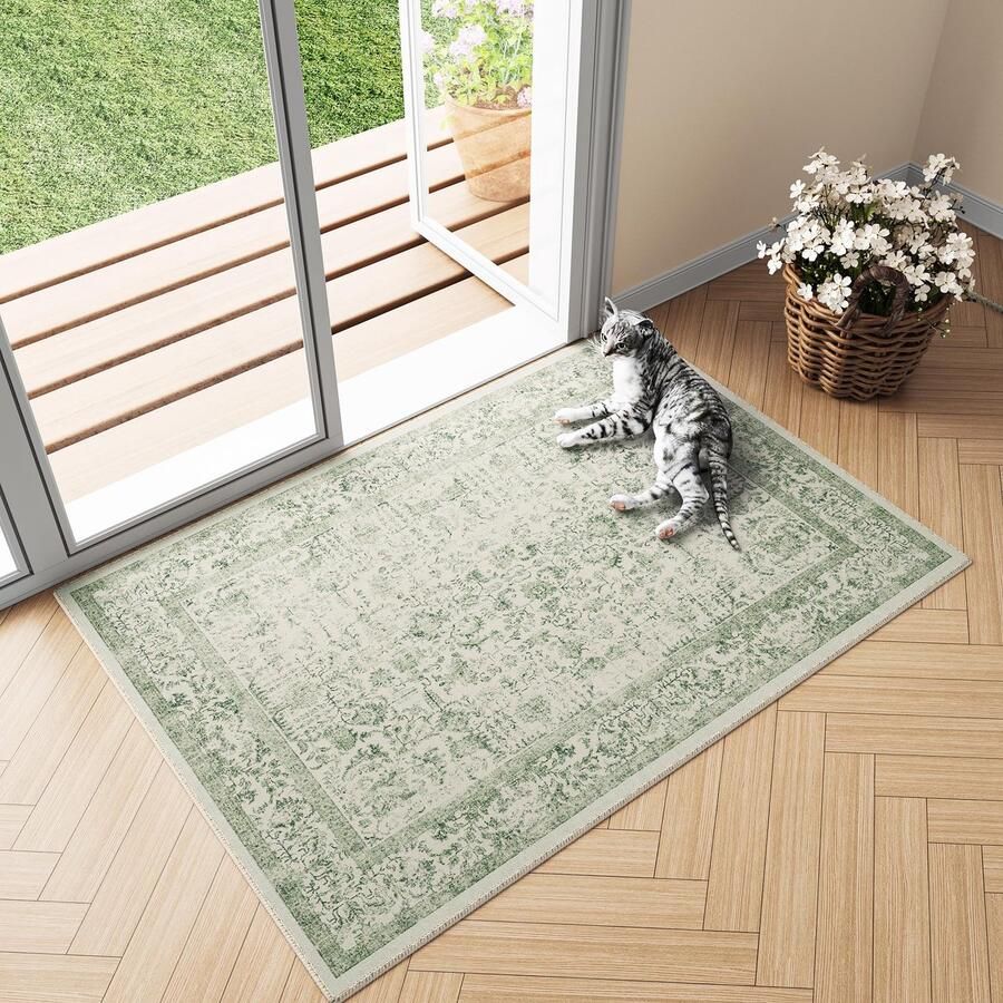 GROOT Vintage Groen Wasbaar Tapijt in de Entree 60x90cm Deurmat Badkamer Tapijt Zacht Antislip Retro Klein Tapijt Kortpolig Badkamer Slaapkamer Tapijt Slaapkamer