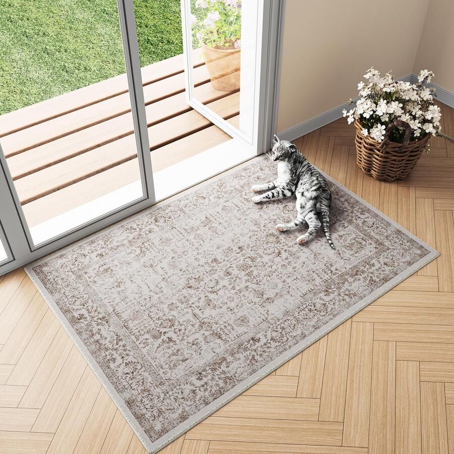 GROOT Vintage Lichtbruin Wasbaar Tapijt in de Entree 60x90cm Deurmat Badkamer Tapijt Zacht Antislip Retro Klein Tapijt Kortpolig Badkamer Slaapkamer Tapijt Slaapkamer
