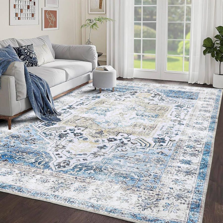 Groot vintage tapijt wasbaar tapijt 200 x 290 cm tapijten voor woonkamer antislip achterkant pluisvrij ideaal voor sterk frequente ruimtes tapijt voor slaapkamer eetkamer blauw