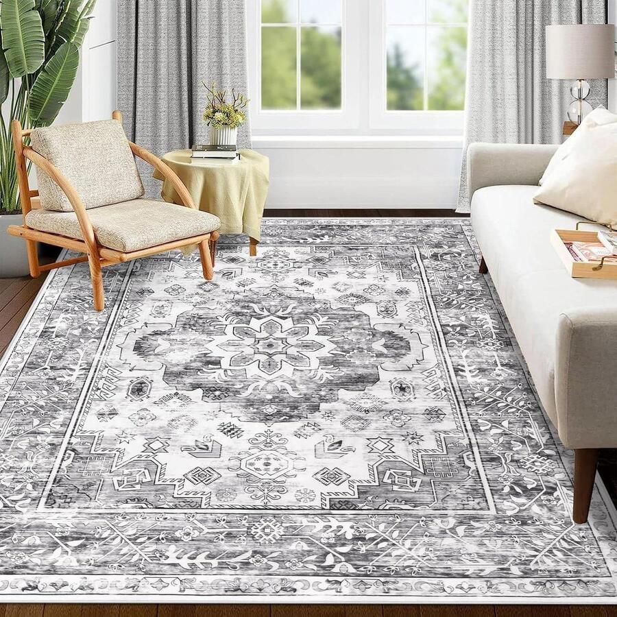 Groot vintage vloerkleed 120 x 180 cm niet-pluizende print machinewasbaar antislip grijs woonkamer & slaapkamer