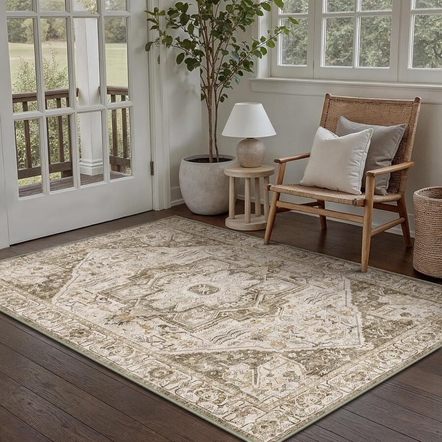 GROOT Vintage Vloerkleed 120x180 cm Binnen Slaapkamer Tapijt Keuken Bruin Medaillon Wasbaar Woonkamer Tapijt Retro Accentkleed Verweerd Tapijt voor Kantoor Eetkamer Badkamer