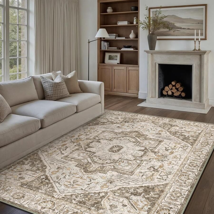 GROOT Vintage Vloerkleed 180x270 cm Binnen Slaapkamer Bruin Medaillon Wasbaar Woonkamer Retro Accent Deken Verweerd voor Kantoor Eetkamer Kinderkamer