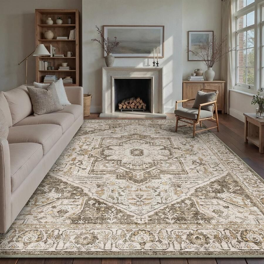 GROOT Vintage Vloerkleed 240x300 cm Binnen Slaapkamer Tapijten Bruin Medaillon Wasbaar Woonkamer Retro Accent Deken Verweerd Tapijt voor Kantoor Eetkamer Kinderkamer