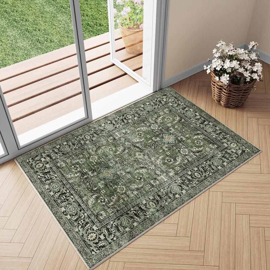 GROOT Vintage Wasbaar Tapijt in de Entree 60x90cm Groene Deurmat Badkamer Tapijt Zacht Antislip Retro Klein Tapijt Kortpolig Badkamer Slaapkamer Tapijt Slaapkamer