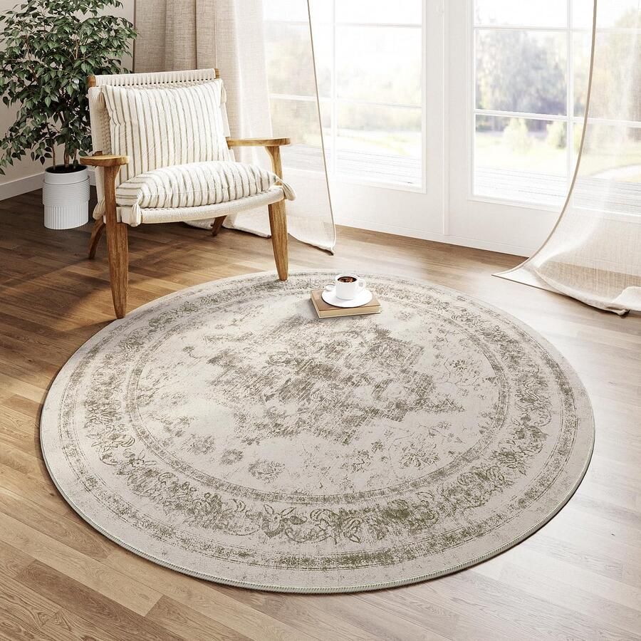GROOT Vintage Wasbaar Tapijt Rond 120cm Rond Woonkamer Taupe Slaapkamer Antislip Tapijt Laagpolig Slaapkamer Tapijt Woonkamer Slaapkamer Eetkamer Tapijten Kantoor