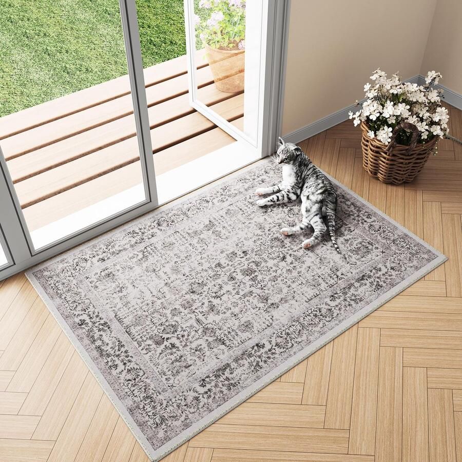GROOT Vintage Zwart Wasbaar Tapijt in de Entree 60x90cm Deurmat Badkamer Tapijt Zacht Antislip Retro Klein Tapijt Kortpolig Badkamer Slaapkamer Tapijt Slaapkamer