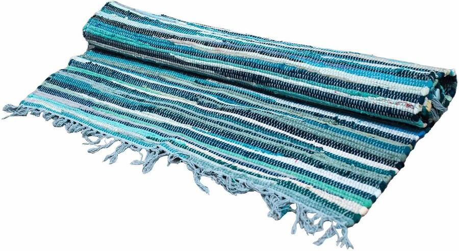 Indiase Recyclagetapijt – 150x90cm – premium kwaliteit – Aqua Blauw Gemaakt van gerecycleerde textielresten. Authentiek Duurzaam en Stijlvol