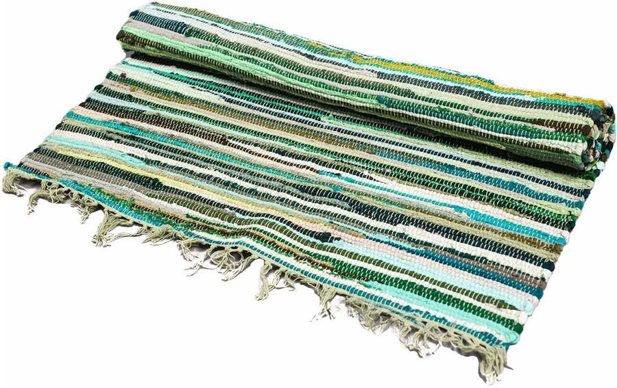Indiase Recyclagetapijt – 150x90cm – premium kwaliteit – Natuurlijke Groentinten Gemaakt van gerecycleerde textielresten. Authentiek Duurzaam en Stijlvol
