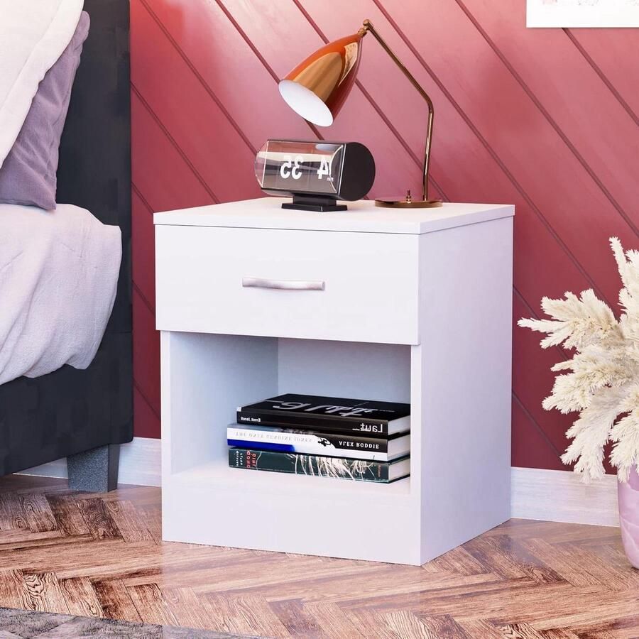 Groot wit nachtkastje met lade 1 stuk wit hout