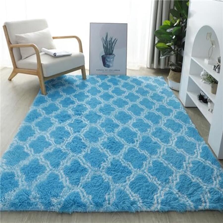 Groot Zacht Pluizig Tapijt voor Woonkamer en Kinderslaapkamer – Antislip Vloermat (80 x 200 cm Blauwe Bloem)