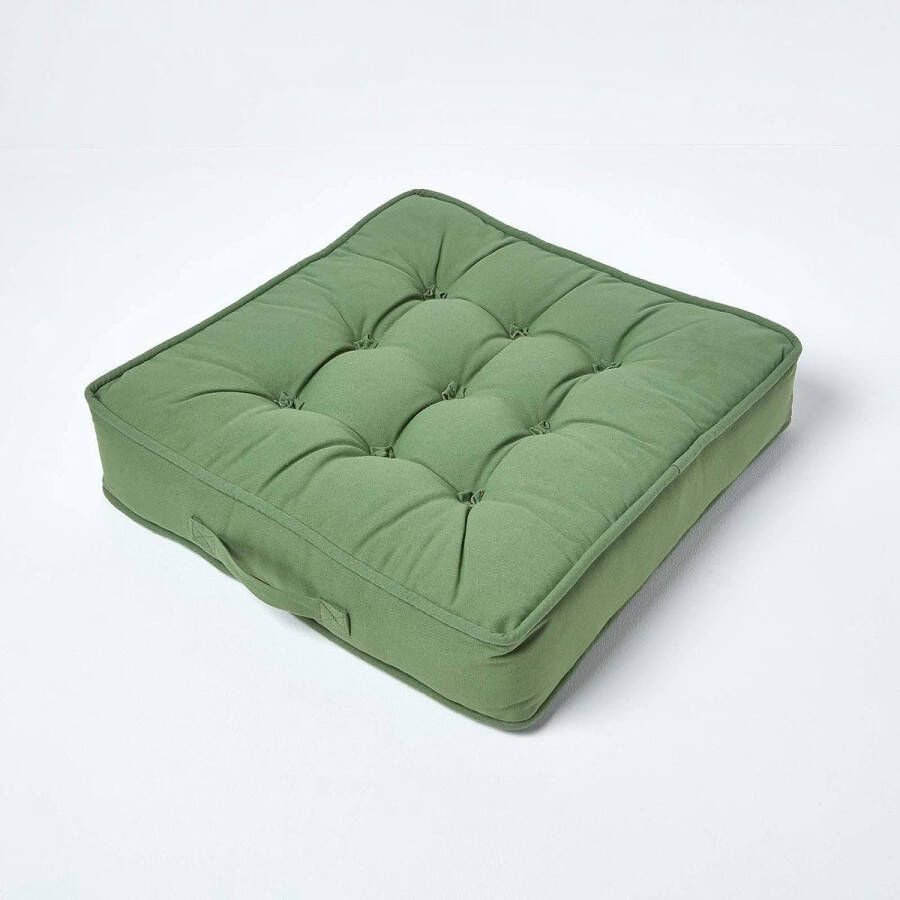 Groot zitkussen 50 x 50 cm groen zitkussen voor fauteuils en banken met handvat en katoenen hoes gewatteerd matraskussen 10 cm hoog bosgroen