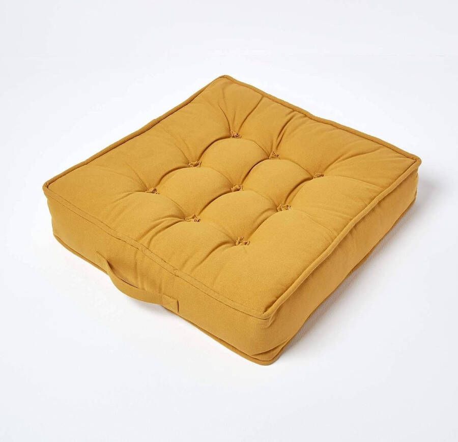 Groot zitkussen 50 x 50 cm mosterdgeel zitkussen voor fauteuils en banken met handvat en katoenen hoes gestoffeerd matraskussen 10 cm hoog