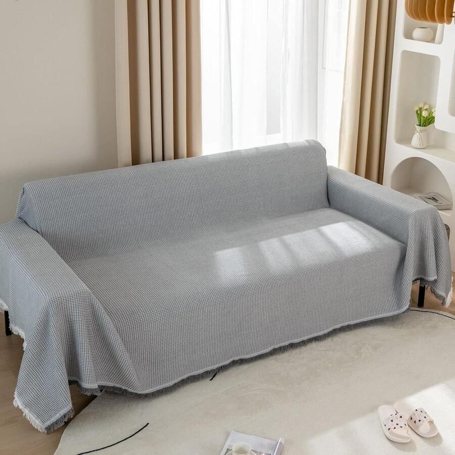 Grote 3-zits bankovertrek wafeldeken 180 x 300 cm veelzijdige woondeken met kwastjes lichtgrijs