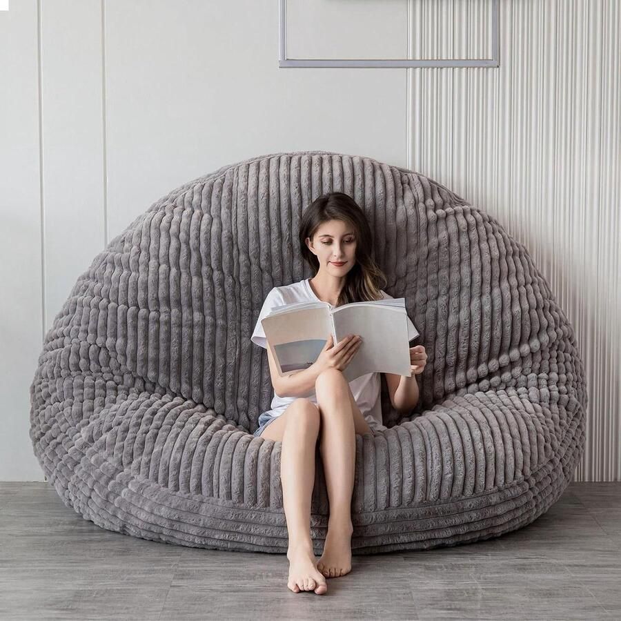 Grote bank zitzakbed vierkante zitzakstoel met imitatiebont en pluizige vulling voor volwassenen koppels gasten (corduroy grijs 150 x 150 cm)