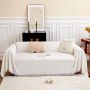 Grote banksprei voor 3-zitsbank met decoratieve kwastjes dubbelzijdige bankhoes banksprei voor bank en bed ruitpatroon met bladeren en bloemen wit 180 x 300 cm - Thumbnail 2