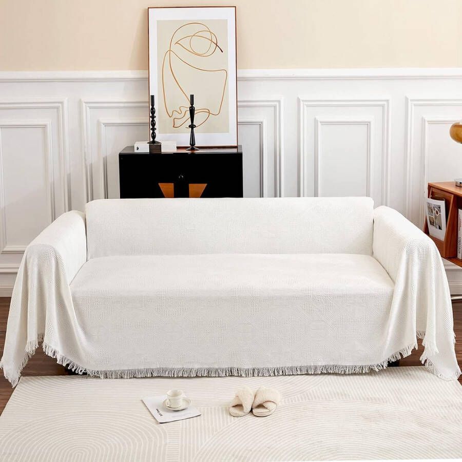 Grote banksprei voor 3-zitsbank met decoratieve kwastjes dubbelzijdige bankhoes banksprei voor bank en bed ruitpatroon met bladeren en bloemen wit 180 x 300 cm