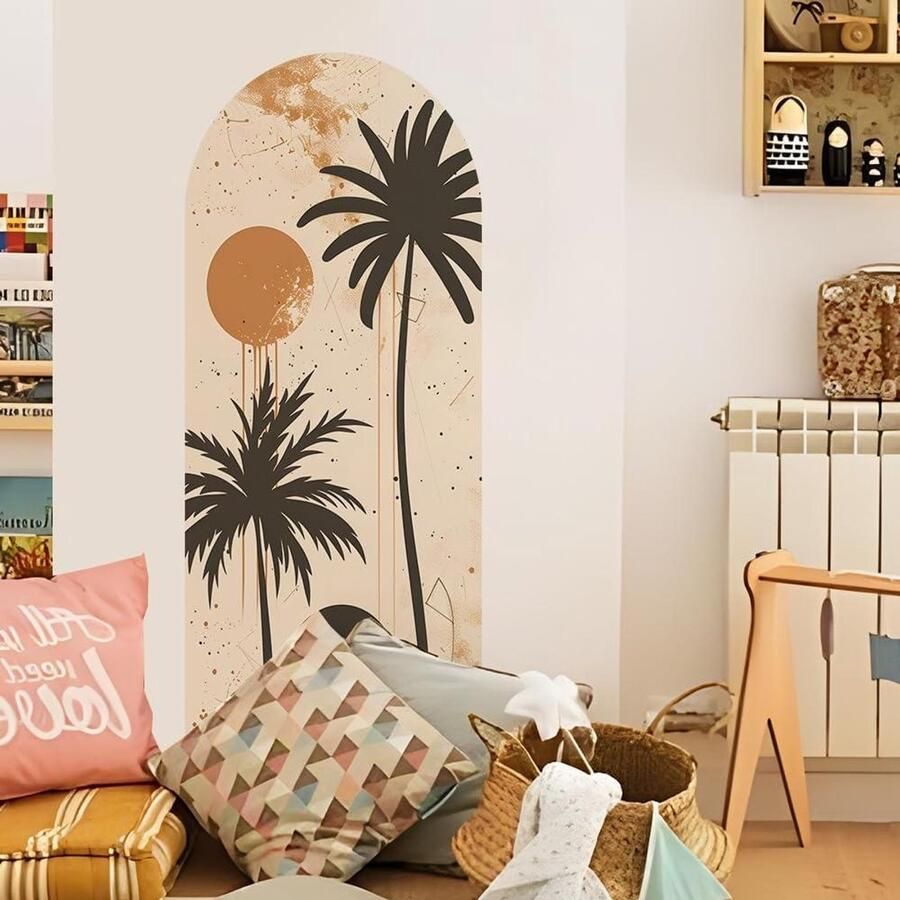 Grote Boho Boog Muurstickers met Palm Boom Motief voor Slaapkamer en Woonkamer Moderne Eenvoudige Achtergronddecoratie voor Hoofdbord Ideaal voor Kwekerij Kantoor en Home Decor Stijlvolle Wanddecoratie met Tropisch Thema