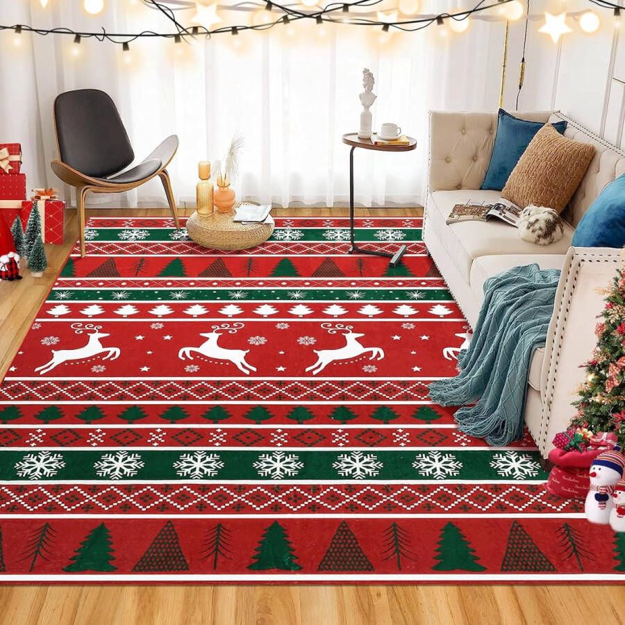 Grote Boho Kersttapijt Machinewasbaar Kerstboom Eland Sneeuwvlokken Tapijt voor Woonkamer Slaapkamer Keuken Eetkamer 160 x 230 cm