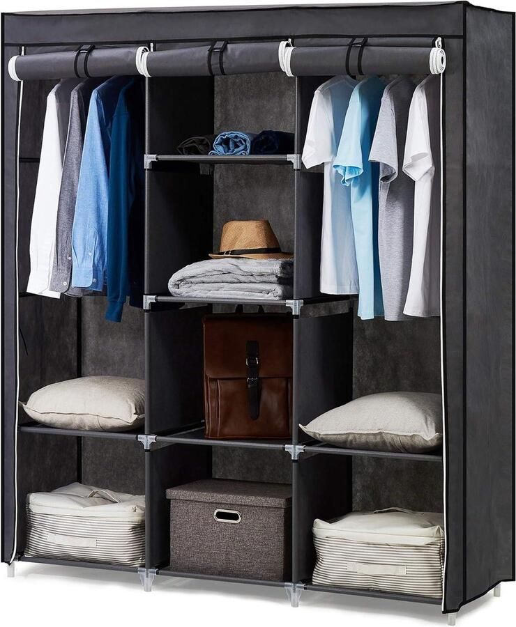 Grote canvas kledingkast organizer opvouwbare kast met 2 hangende rails grijs 175x150x45cm voor woonkamer en slaapkamer kledingkasten slaapkamer