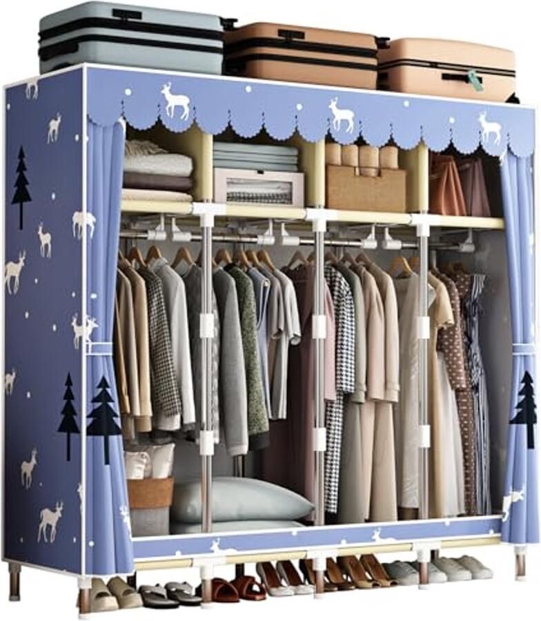 Grote Draagbare Kledingkast met Stofdichte Hoes Opbergkast voor Kleding met 4 Hangstangen