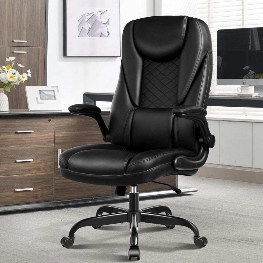 Grote en hoge ergonomische leren bureaustoel verstelbare inklapbare armen hoge rug en lendensteun Zwart Bureaustoel