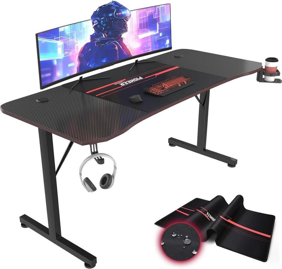 Grote Gamingtafel Ergonomisch Gamingbureau met Kabelbeheer Hoofdtelefoonhaak en Bekerhouder 160 cm in Zwart