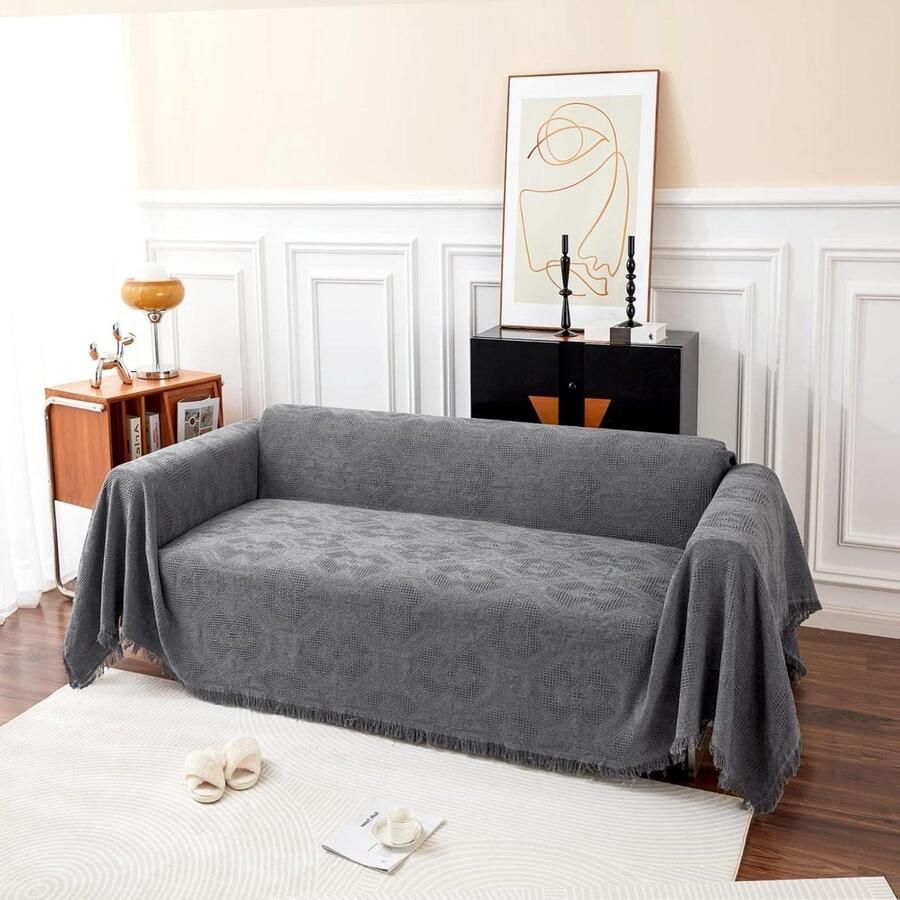 Grote geweven bankplaid met kwastjes 2-zitsbank plaid dubbelzijdige plaids voor banken bedden ruitpatroon met bladeren bloemen grijs 180x230cm