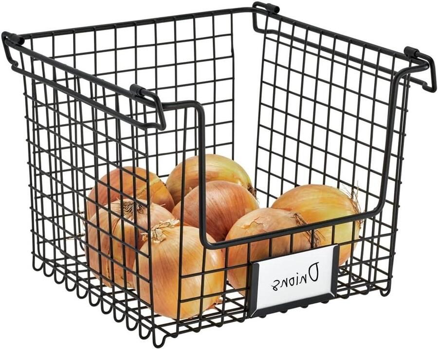 Grote iDesign opbergmand voor badkamer keuken en kantoor Stapelbare metalen mand met handgrepen voor cosmetica schrijfwaren enz. Zwart