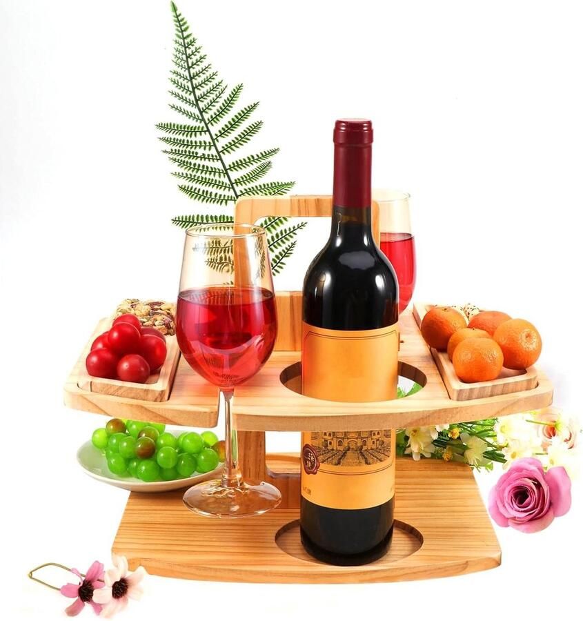 Grote inklapbare draagbare houten picknicktafel voor outdoor wijn snacks en kaas met verstelbare wijnglashouder ideaal voor concerten in het park en camping
