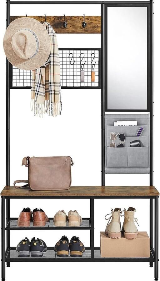 Grote Kapstok Kledingrek met Haken Spiegel Schoenenrek en Bank Garderobekast met Roosterwand voor Hal Slaapkamer 35 x 100 x 181 cm