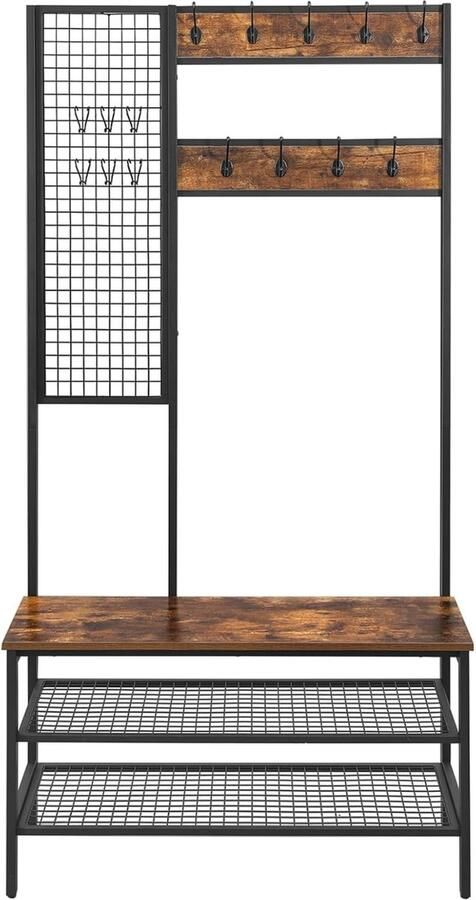 Grote Kapstok met Bank en Schoenenrek 9 Kleerhaken Vintage Donkerbruin Ideaal voor Hal en Slaapkamer