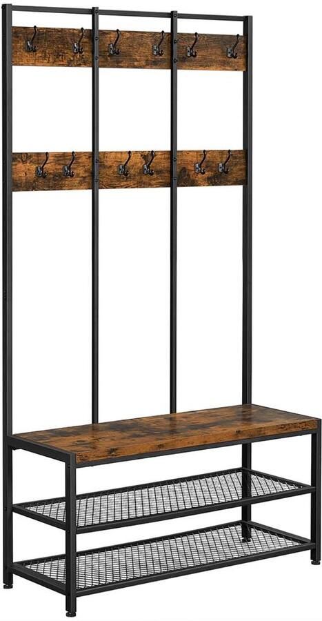 Grote kapstok multifunctioneel halmeubel met dubbele opbergrek 12 haken en schoenenbank geschikt voor gang kantoor en slaapkamer stevig metalen frame 100 x 40 x 184 cm bruin en zwart