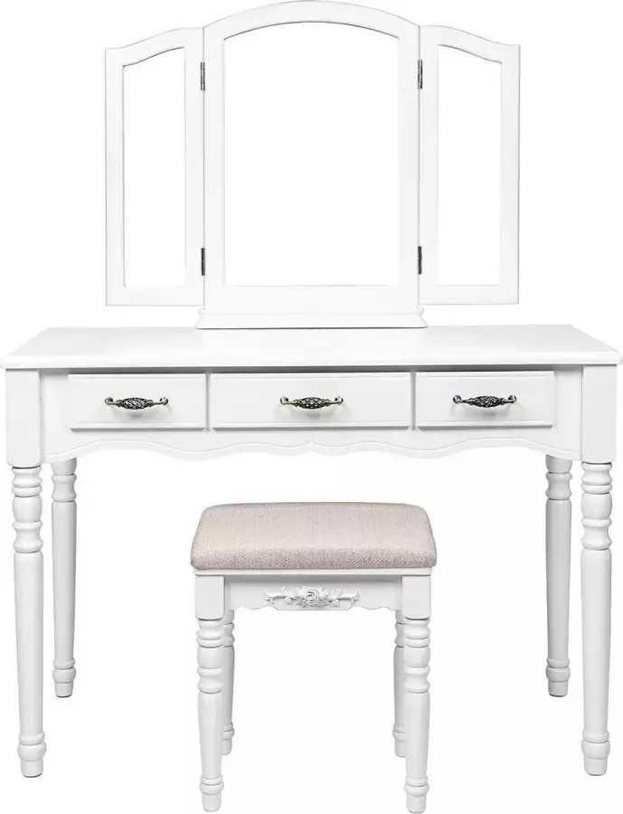 Grote kaptafel cosmetische tafel kaptafel met kruk inklapbare draaibare spiegel 3 spiegels 3 laden wit RDT18W
