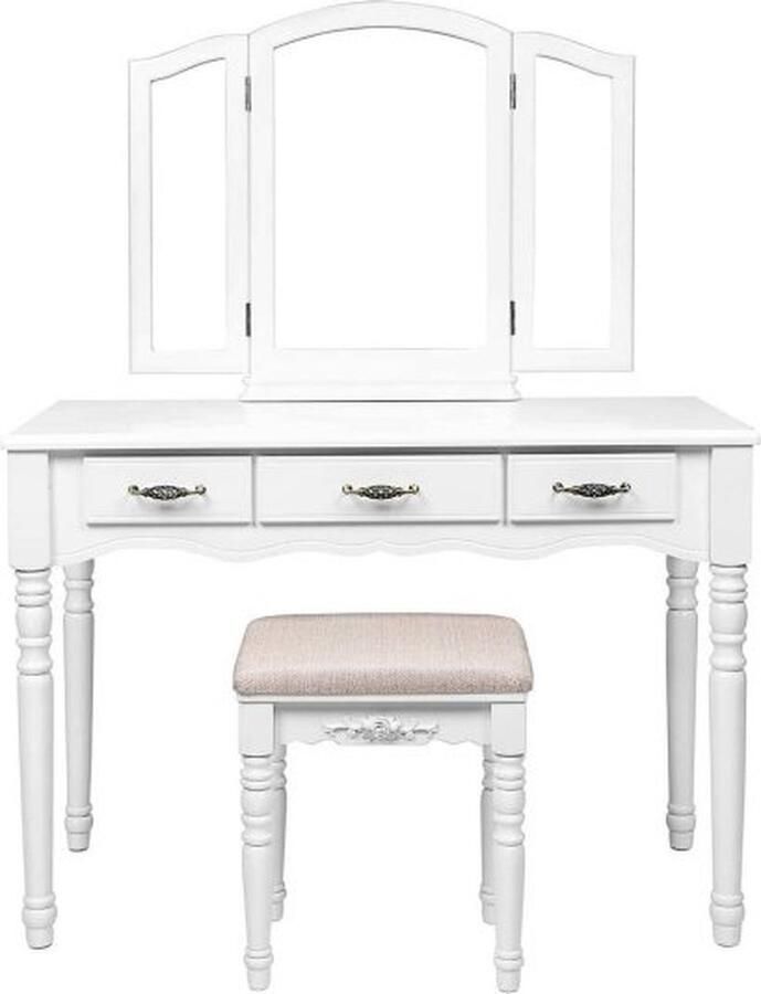 ZAZA Home Grote Kaptafel Cosmetische Tafel Kaptafel Met Kruk İnklapbare Draaibare Spiegel 3 Spiegels 3 Laden Wit