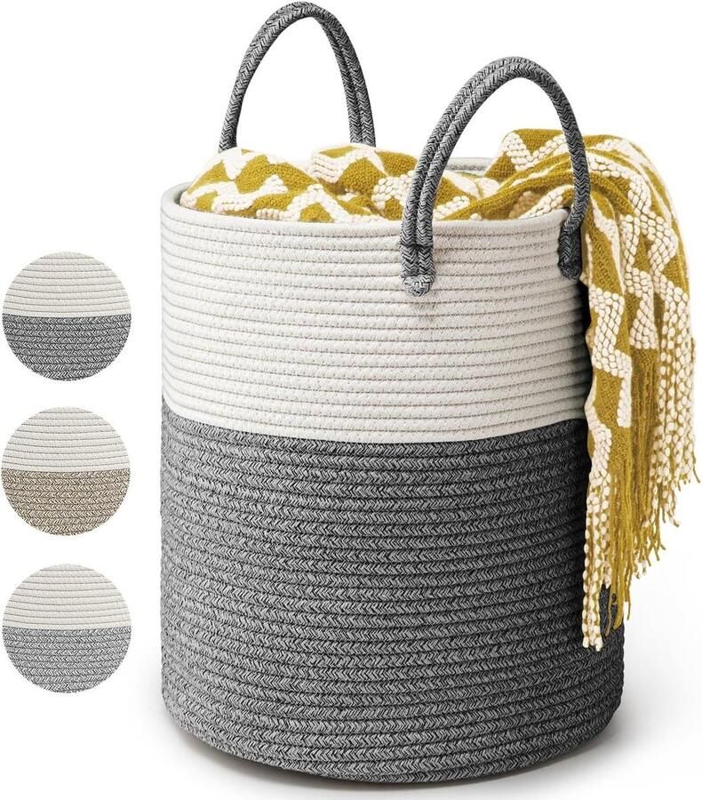 Grote Katoenen Touw Wasmand 39L Deken Opbergmand D35 x H40 CM Met Handgreep (Donkergrijs)