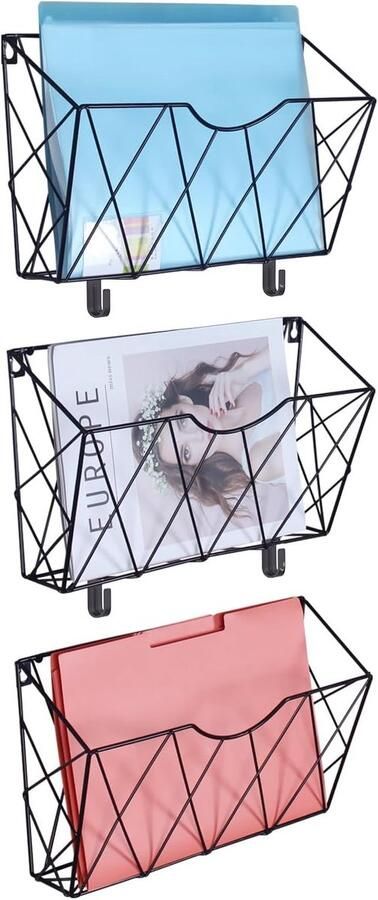 Grote krantenstandaard wandrek van metaal voor A4-documenten postbrief brochuredispenser van staal voor muur met sleutelhaak voor keuken woonkamer kantoor slaapzaal 3 vakken zwart