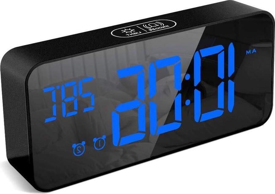 Grote LED temperatuurweergave digitale wekker-spiegelalarm met dual alarm snooze tijd 4 niveaus instelbare helderheidsdimmer 13 muziek USB-aansluiting nachtkastje slaapkamer roze (Zwart-01)