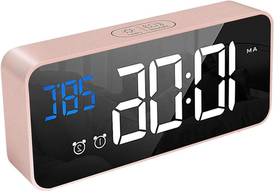 Grote LED temperatuurweergave digitale wekker tafelklok met spiegelalarm en dual alarm snooze tijd 4 niveaus instelbare helderheidsdimmer 13 muziek USB-aansluiting nachtkastje slaapkamer roze (roze)