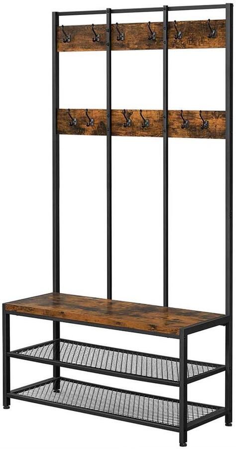 Grote multifunctionele kapstok met schoenenbank en dubbel opbergrek 12 haken stevig metalen frame 100 x 40 x 184 cm bruin + zwart geschikt voor gang kantoor en slaapkamer