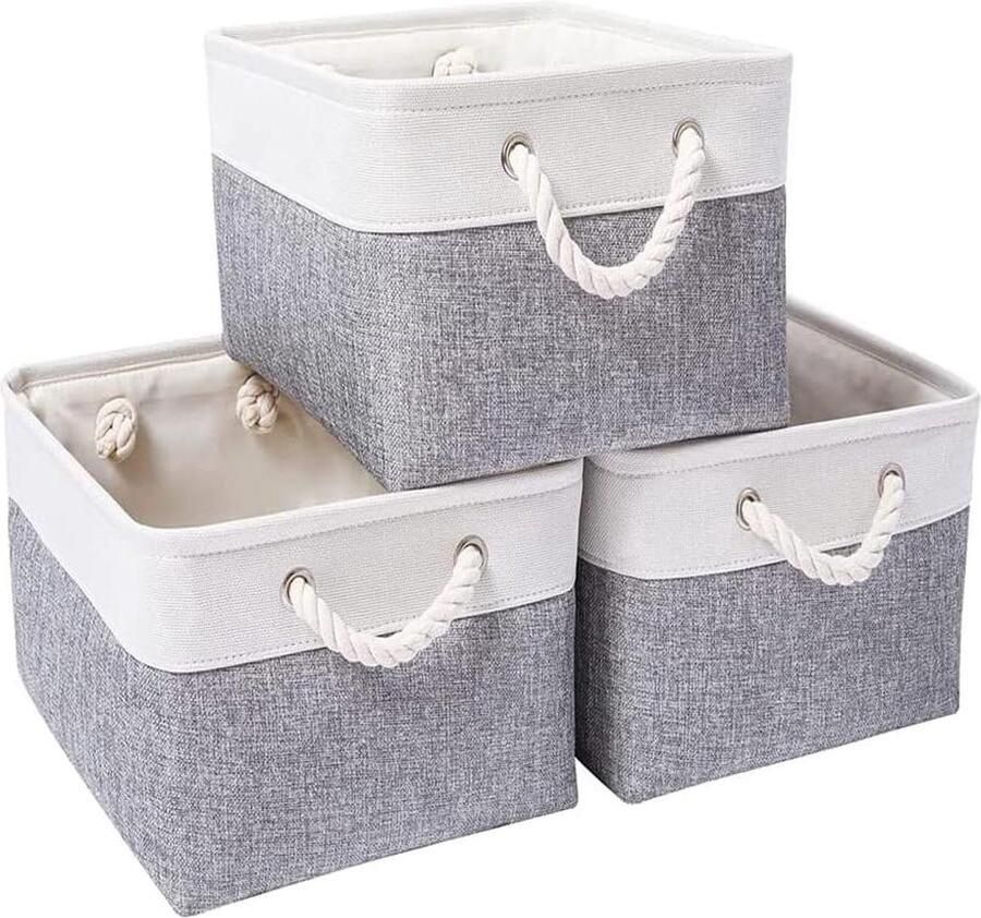 Grote opbergdoos set van 3 handige opbergmanden 3 stuks grijs-wit canvas