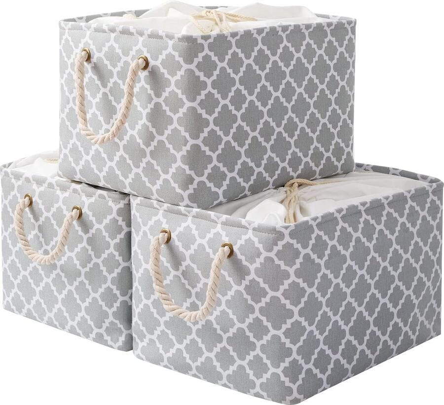 Grote opbergmand 34 x 24 x 20 cm stoffen opbergdoos met trekkoord en handgreep opvouwbare opbergmand (lantaarn grijs 3 stuks)