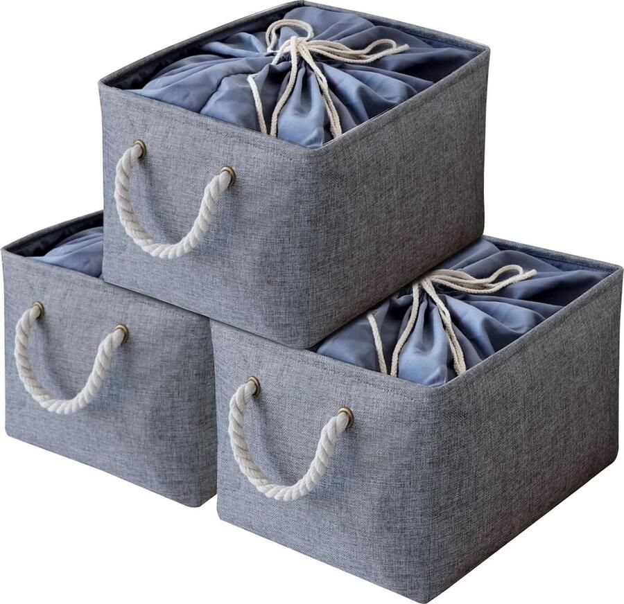 Grote opbergmand 34 x 24 x 20 cm stoffen opbergdoos met trekkoord en handvat opvouwbare opbergbak opbergmand (grijs 3-pack)