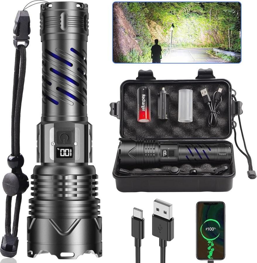 Grote oplaadbare tactische LED zaklamp 5000 mAh 50.000 lumen 5 modi IPX5 waterdicht perfect voor outdoor gebruik