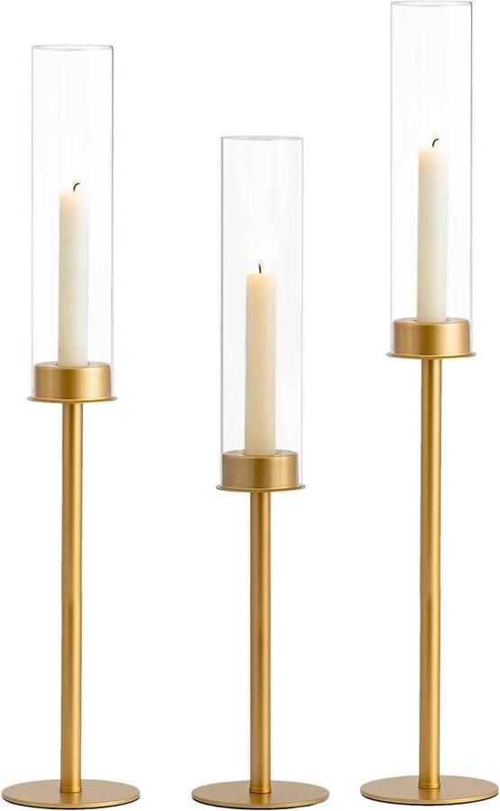 Grote Gouden Kaarshouder Kandelaarhouder Hewory 50 55 60cm Orkaan Kaarshouder voor Taper Kaarsen Set van 3 Messing Gouden Metalen Kandelaars Houder met Glazen Cilinder voor Bruiloft Tafel Centrum gold candle holders